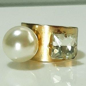 NEW Pearl & Rhinestone Wide band gold Cuff Ring